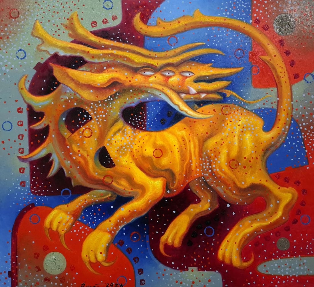 Oil painting Golden Chimera Sergey Voichenko: №Voich 177Oil painting Golden Chimera Sergey Voichenko is a striking surreal composition that combines mythological symbolism, contemporary abstraction, and masterful color harmony into a captiv