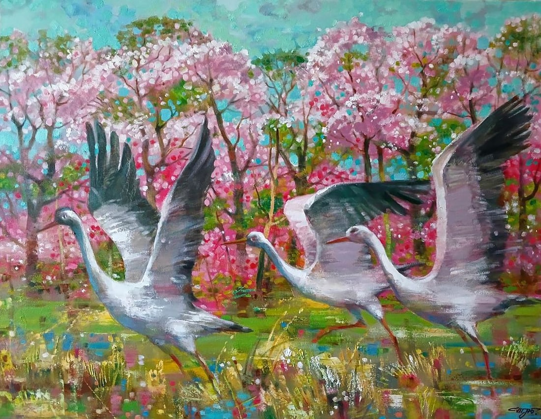 Oil painting Storks on a flower meadow Anatoly Tarabanov: №Tar 421*** ABOUT THIS PAINTING **** TITLE: "Storks on a flower meadow"* ARTISTS: Anatoly Tarabanov* SIZE: 70x90 cm/'27.55x35.43 inches' * MEDIUM: oil, canvas* HAND PAINTED: Original painting fr