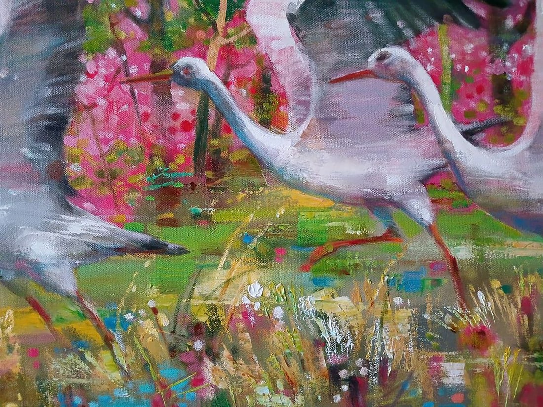 Oil painting Storks on a flower meadow Anatoly Tarabanov - 8