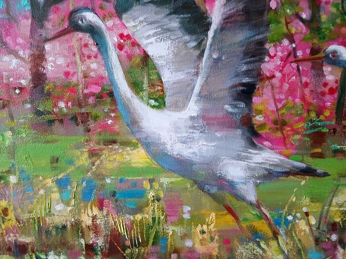 Oil painting Storks on a flower meadow Anatoly Tarabanov - 9