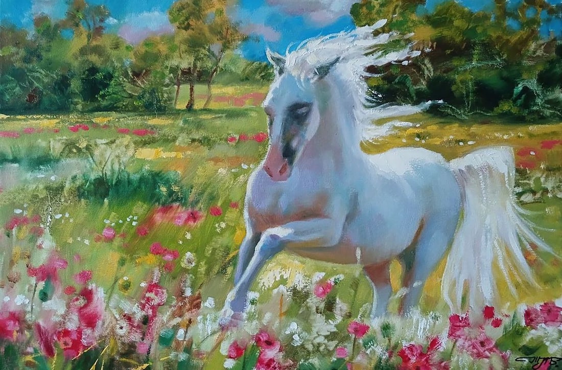Oil painting A white horse gallops Anatoly Tarabanov: №Tar 409*** ABOUT THIS PAINTING **** TITLE: "A white horse gallops"* ARTISTS: Anatoly Tarabanov* SIZE: 40x60 cm/'15.74x23.62 inches' * MEDIUM: oil, canvas* HAND PAINTED: Original painting from o