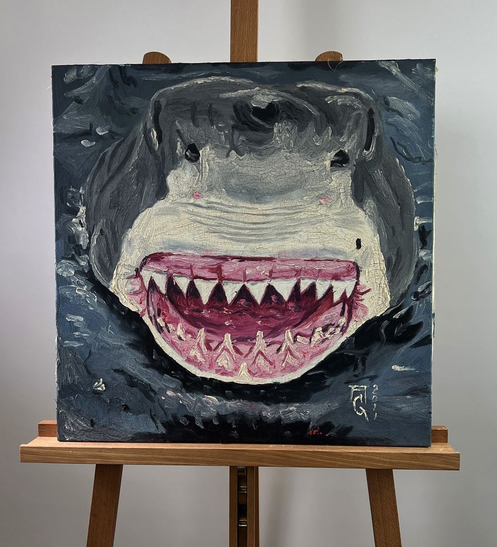 Oil painting Dancing with a Shark Oleksandr Gukalov: №AAA5555The Oil painting on Canvas titled “Dancing with a Shark” captures a striking and almost theatrical vision of a shark, presented in a way that merges awe with unease,