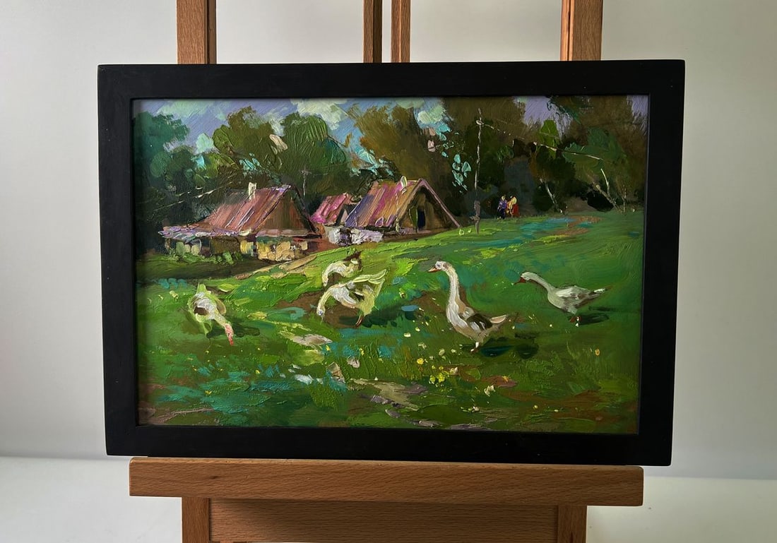 Oil painting Geese in the village Yuriy Suprunchuk: №AAA5704The Oil painting Cardboard titled "Geese in the village" captures a vivid and joyful glimpse of rural life, where nature, animals, and human presence merge into a harmonious daily