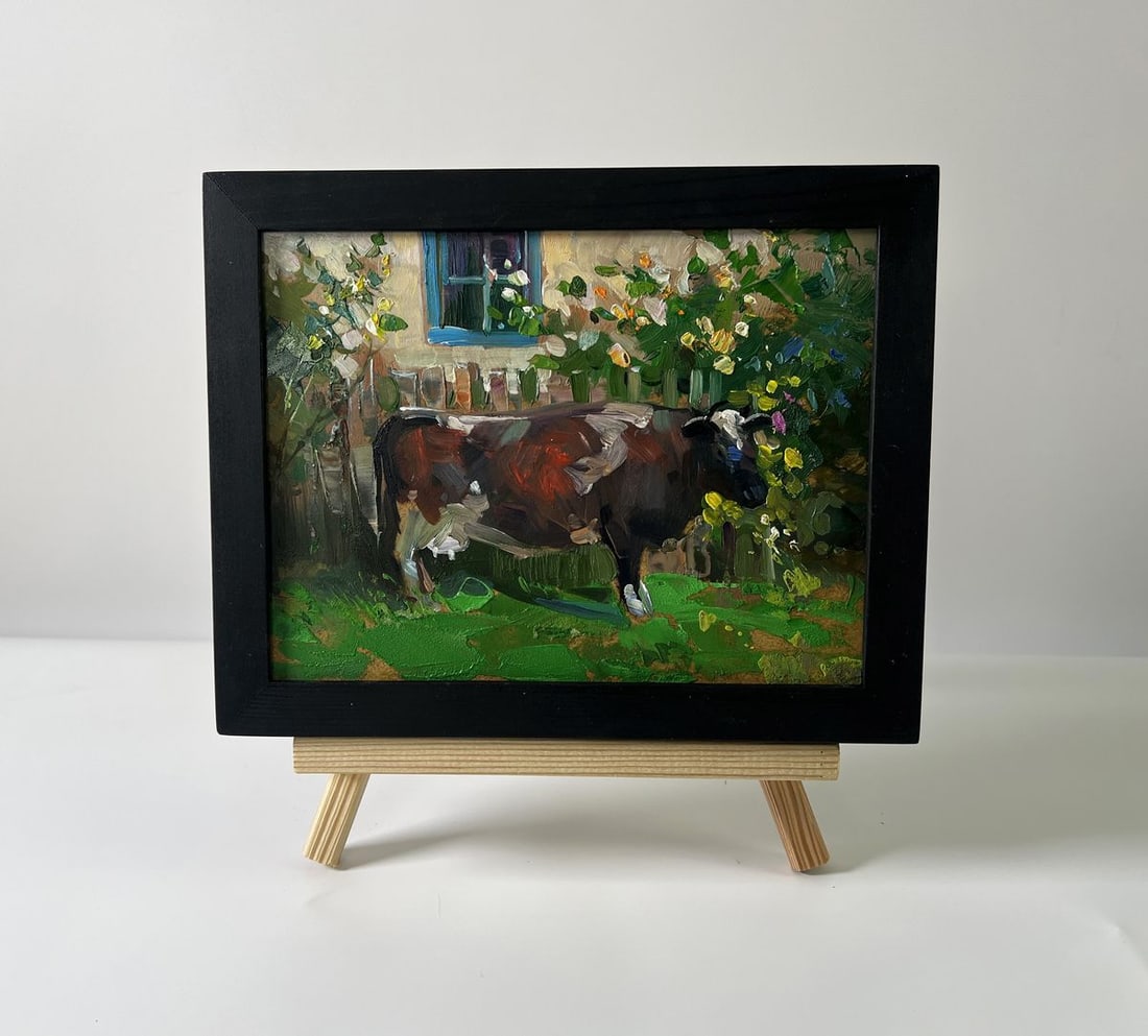Oil painting A cow near the house Yuriy Suprunchuk: №AAA5716The Oil painting Cardboard titled "A cow near the house" captures a warm and intimate glimpse of rural life, where simplicity and closeness to nature are presented with expressive brushs
