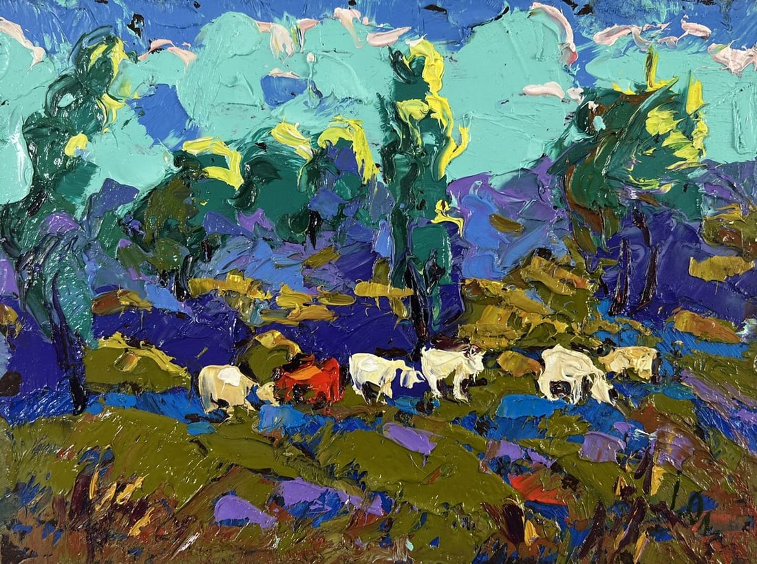 Oil painting Evening light behind the village Alex Kalenyuk - 3