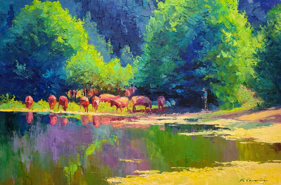 Oil painting Herd of cows Boris Serdyuk: №SERB 1158The painting "Herd of Cows" beautifully captures a serene moment in nature, where a group of cows is gathered by the water's edge. The composition immediately draws the viewer’s 