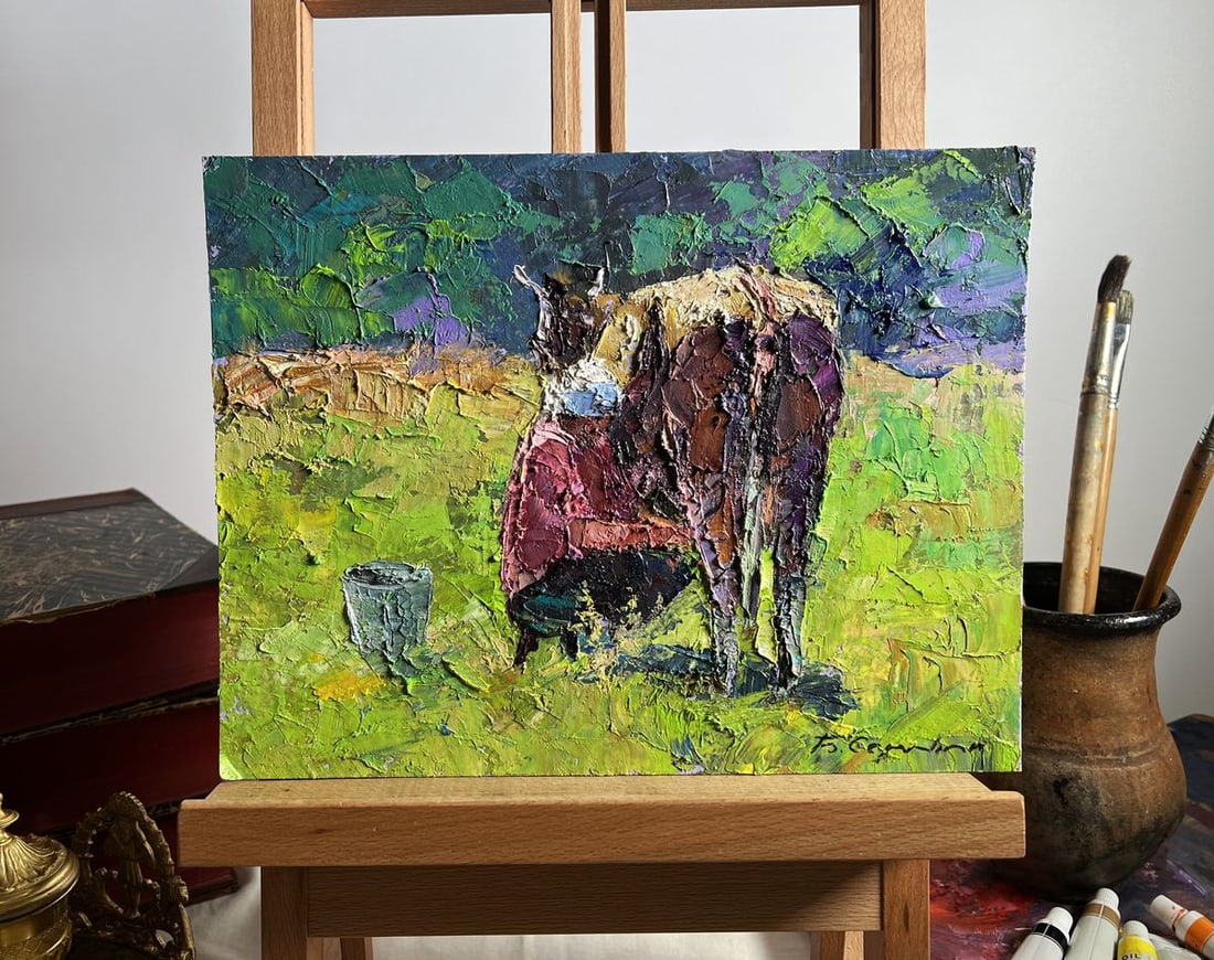 Oil painting Lunch milking Boris Serdyuk: №AAA3697"Lunch Milking" is a vibrant and richly textured oil painting on cardboard, capturing a simple yet profound moment of rural life. The artist uses an expressive impasto technique,