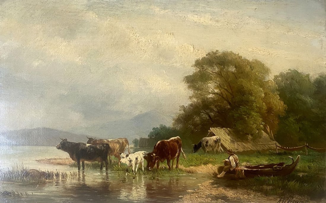 Oil painting Cows at the waterhole European artist: №Verne 317*** ABOUT THIS PAINTING **** TITLE: "Cows at the waterhole"* ARTISTS: European artist* SIZE: 28x45 cm/'11.02x17.71 inches' * MEDIUM: oil, wood* HAND PAINTED: Original painting from our