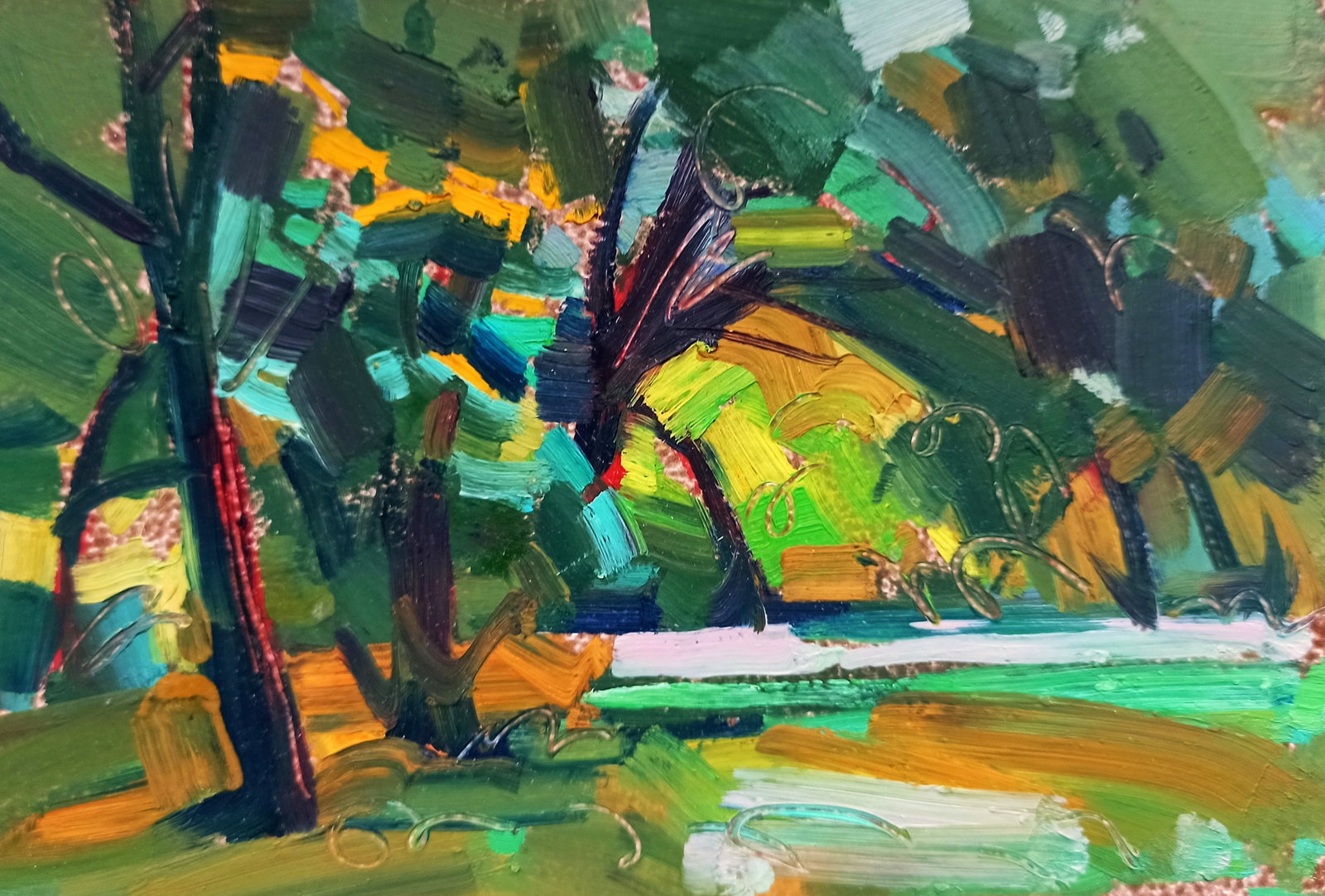 Oil painting After the rain in the forest Viktor Khadzhinov: Title: Oil painting After the rain in the forest Viktor Khadzhinov Description: 48KHADZ Painter: Viktor Khadzhinov Size: 16x12 cm/6.29x4.72 inches Components: oil, cardboard Original painting CONDITIO