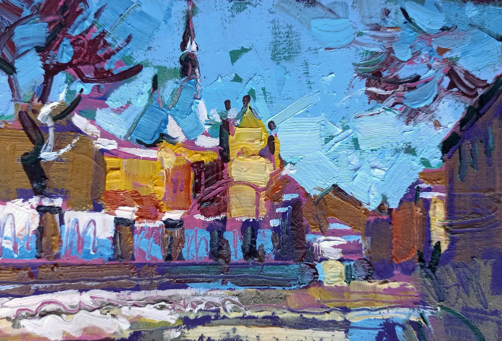 Oil painting City Hall in the city center Viktor Khadzhinov: Title: Oil painting City Hall in the city center Viktor Khadzhinov Description: 65KHADZ Painter: Viktor Khadzhinov Size: 16x12 cm/6.29x4.72 inches Components: oil, cardboard Original painting CONDITIO