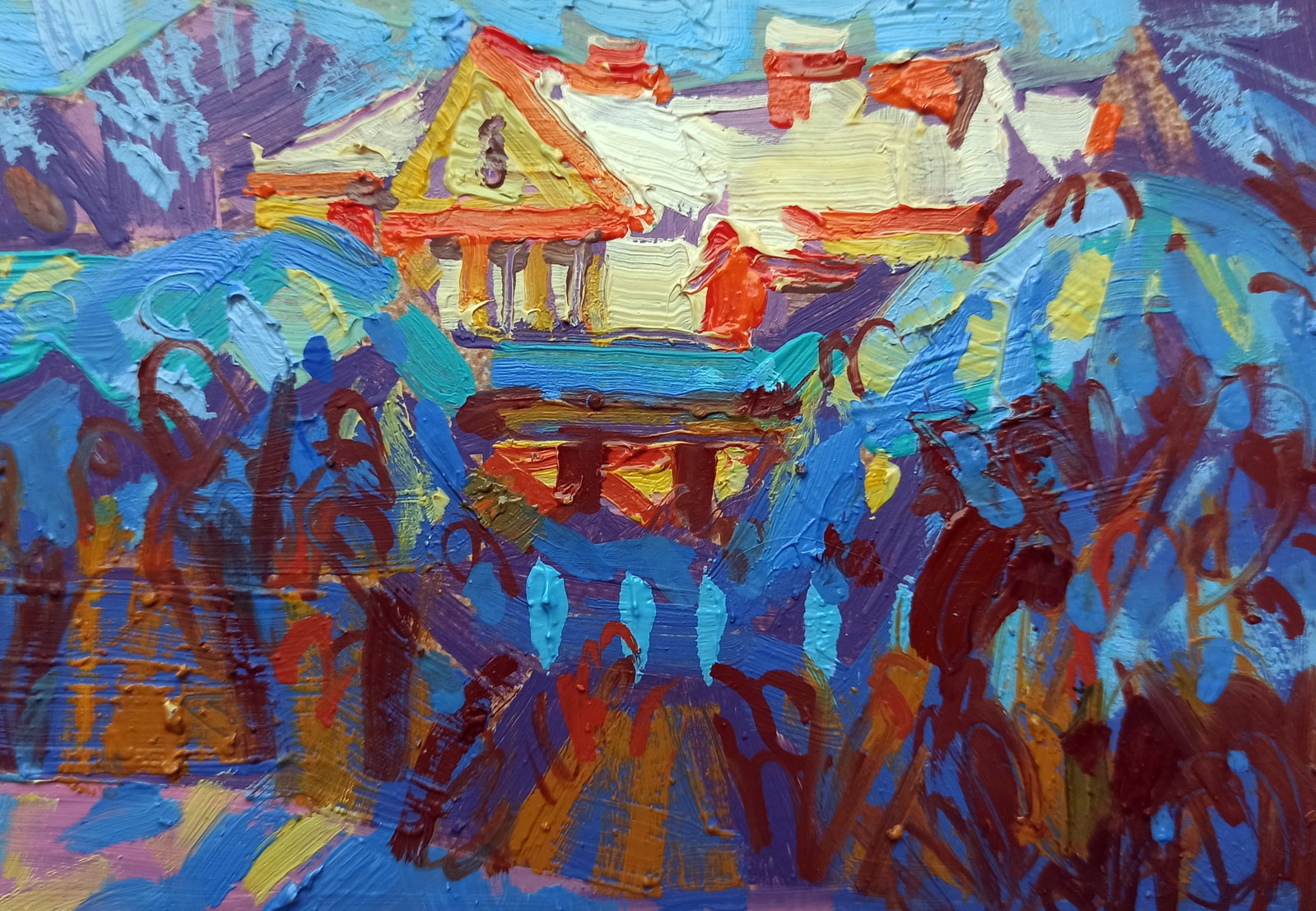 Oil painting Winter city sunset Viktor Khadzhinov: Title: Oil painting Winter city sunset Viktor Khadzhinov Description: 68KHADZ Painter: Viktor Khadzhinov Size: 16x12 cm/6.29x4.72 inches Components: oil, cardboard Original painting CONDITION: excelle