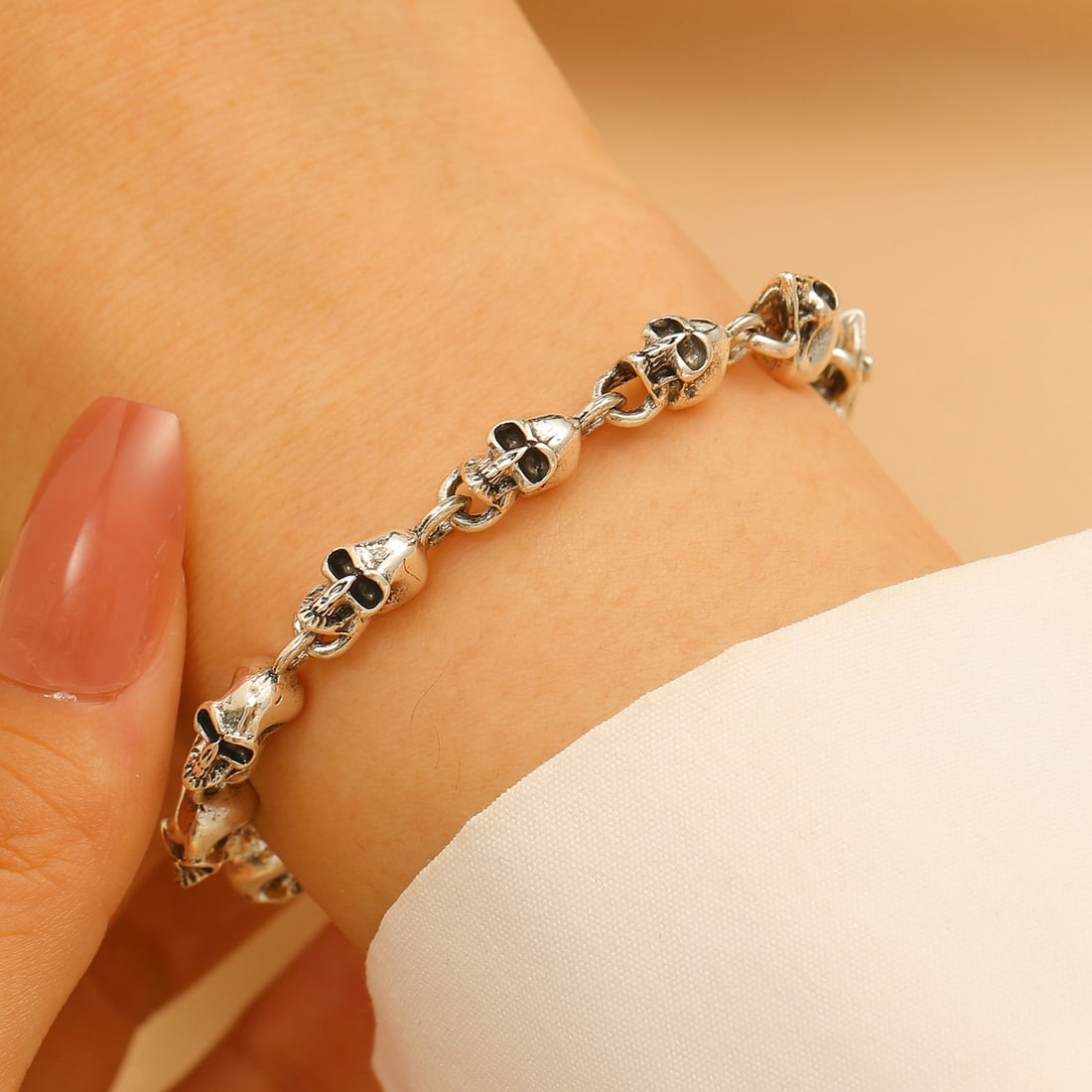 Titanium Steel Skull Bracelet - 14 Skull Beads, Gothic Punk Jewelry - 5