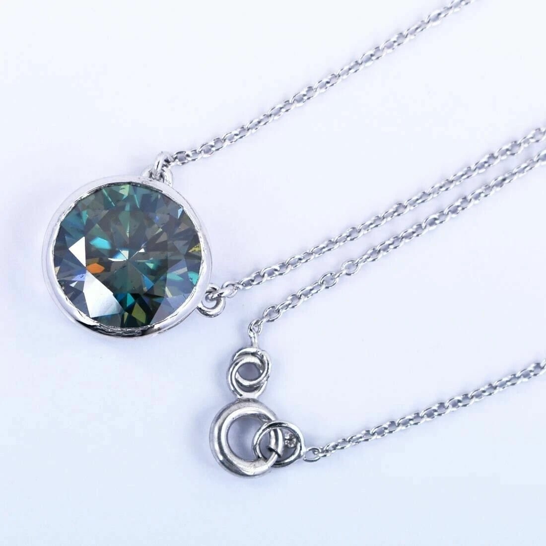 Sterling Hand Made Blue Diamond Solitaire Pendant Bezel Set Necklace 6 Cts - 4