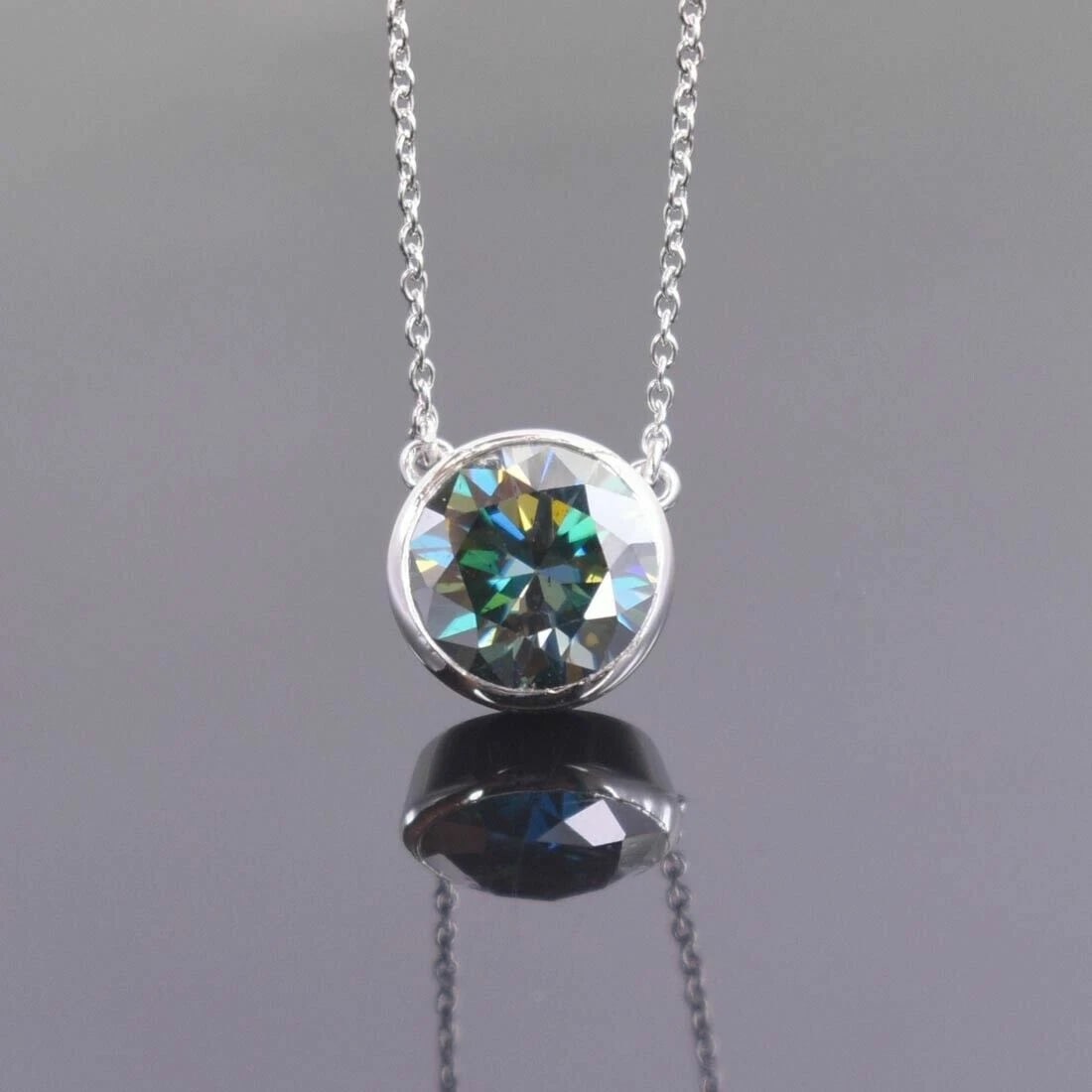 Sterling Hand Made Blue Diamond Solitaire Pendant Bezel Set Necklace 6 Cts - 6