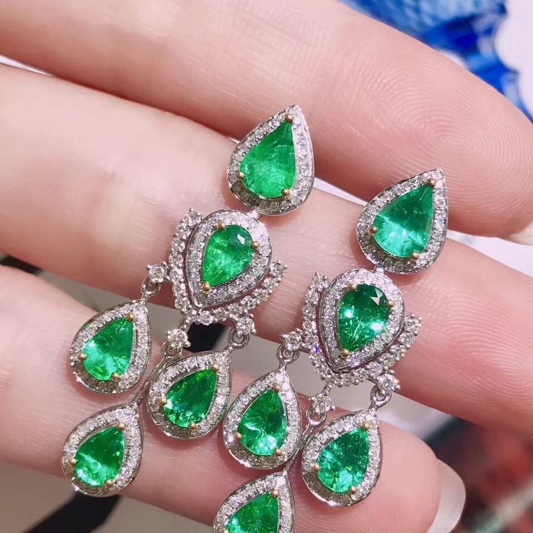 14K GOLD 4.48 CTW VIVID GREEN NATURAL EMERALD and DIAMOND EARRINGS - 2