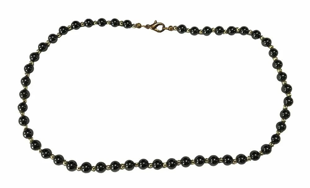 New Hemanite Necklace: Title:New Hemanite Necklace Description:New hemanite round bead necklace with gold plated accent beads . Measurement from large: 17.5" Measurement from biggest bead: 5mm Measurement from smallest