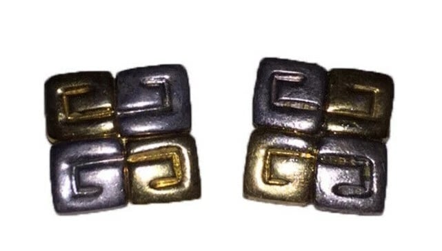 Vintage Signed Givenchy Two Tone Monogram Square Clip On Earring: Title:Vintage Signed Givenchy Two Tone Monogram Square Clip On Earring Description:Givenchy Two Tone Monogram Square Earring, silver plated with patina and 18 kt gold plated over costume metal. Circa 