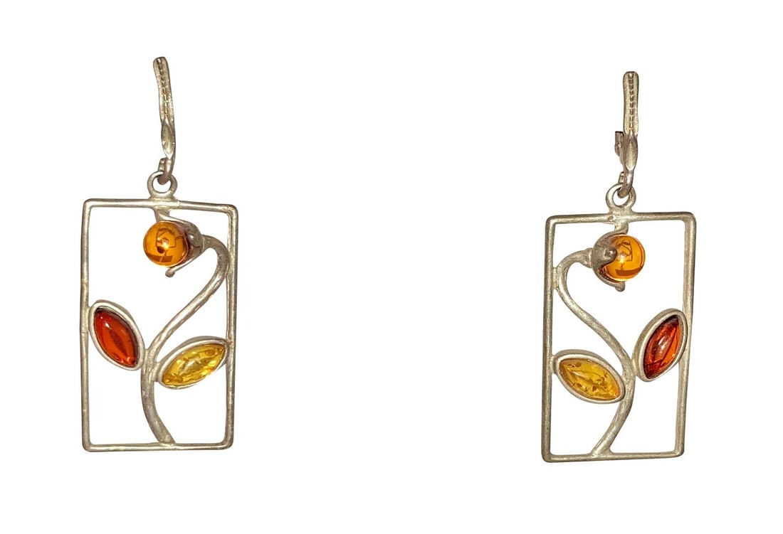 Sterling Silver Rectangle Flower Baltic Yellow and Orange Amber Earrings (1 of 4)