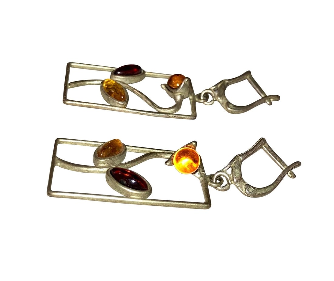 Sterling Silver Rectangle Flower Baltic Yellow and Orange Amber Earrings - 3