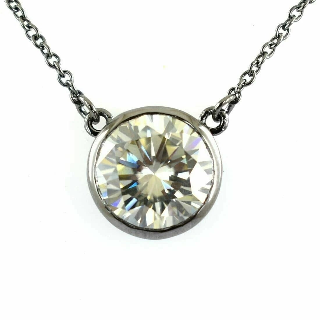 Hand Made Sterling Silver Chain Necklace Bezel Set White Diamond 3 Cts - 2