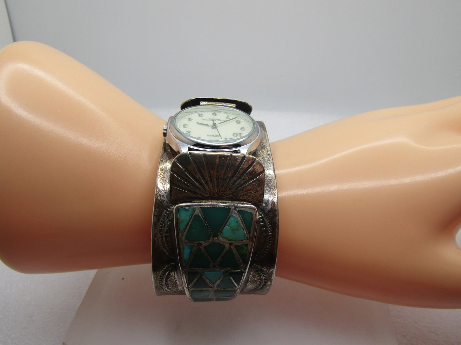Vintage Sterling Old Pawn Watch Cuff Bracelet, Inlaid Turquoise, 6.75", 1960's-1970's - 2