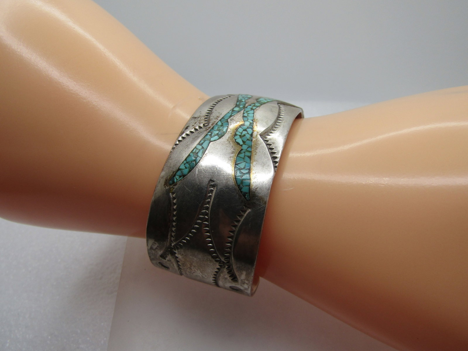Vintage Inlaid Sterling Turquoise Southwestern Cuff Bracelet, 6.25", 1970's-1980's - 2