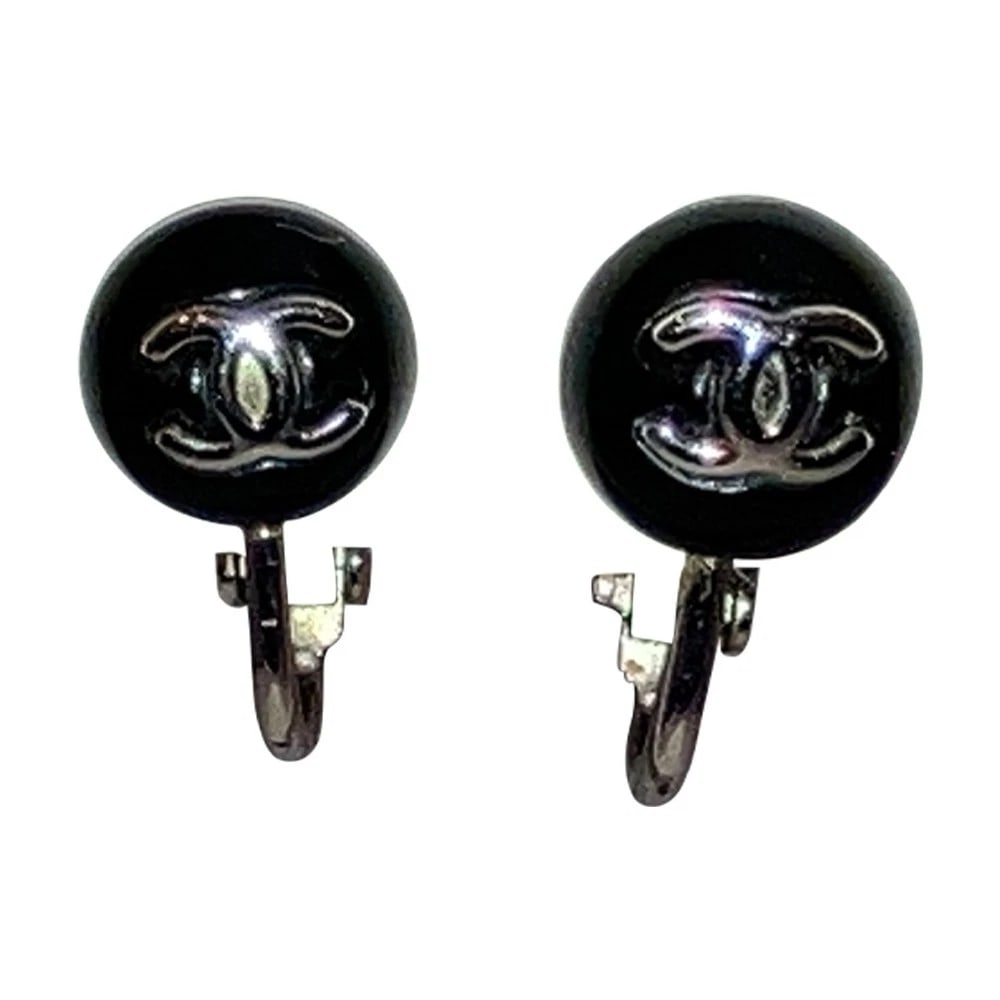 Chanel Black and Silver Coco Vintage Fashion Designer CC Clip On Earrings - 2