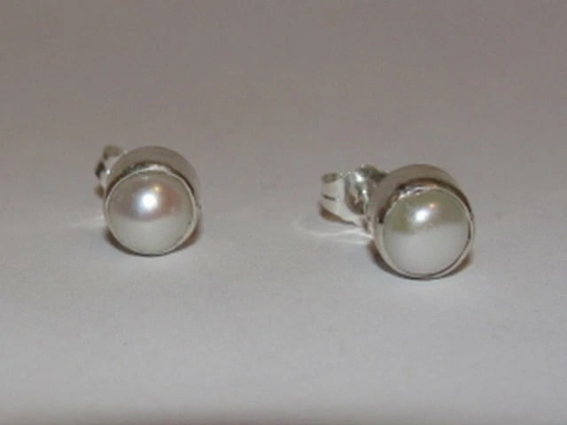 Sterling Silver Pearl Cabochon Bezel Set Earrings Birthstone June - 2
