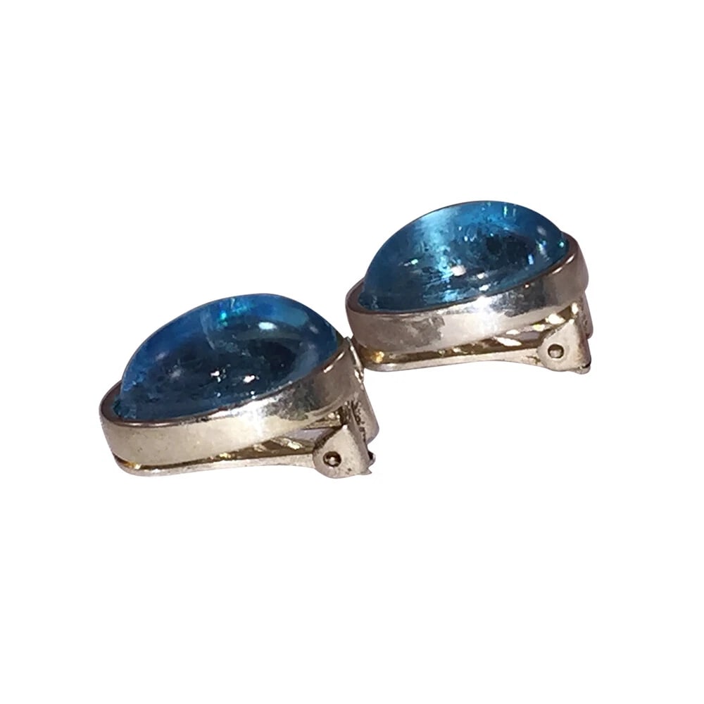 Vintge Signed Christian Dior Oval Light Blue Jelly Belly Silver Tone Earrings - 6