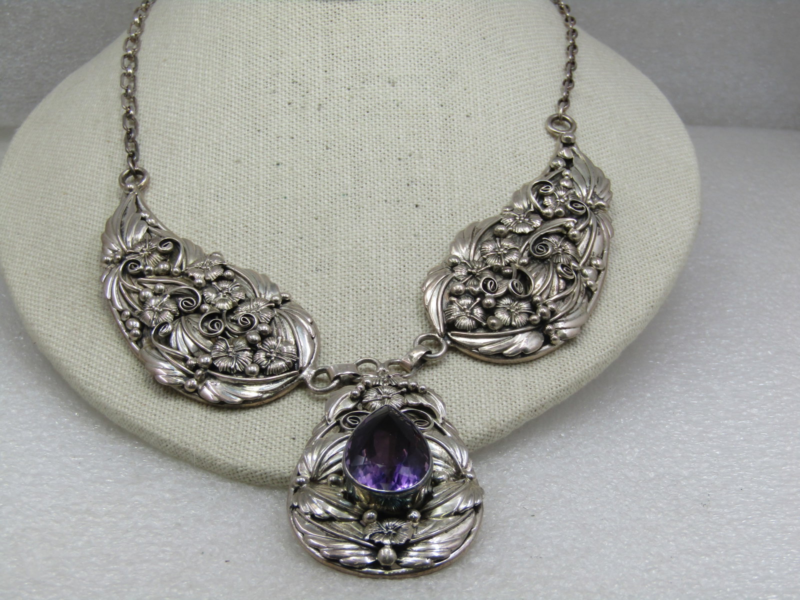 Vintage Sterling Floral Amethyst Lavalier Necklace, 21.5" - 116 grams. - 2