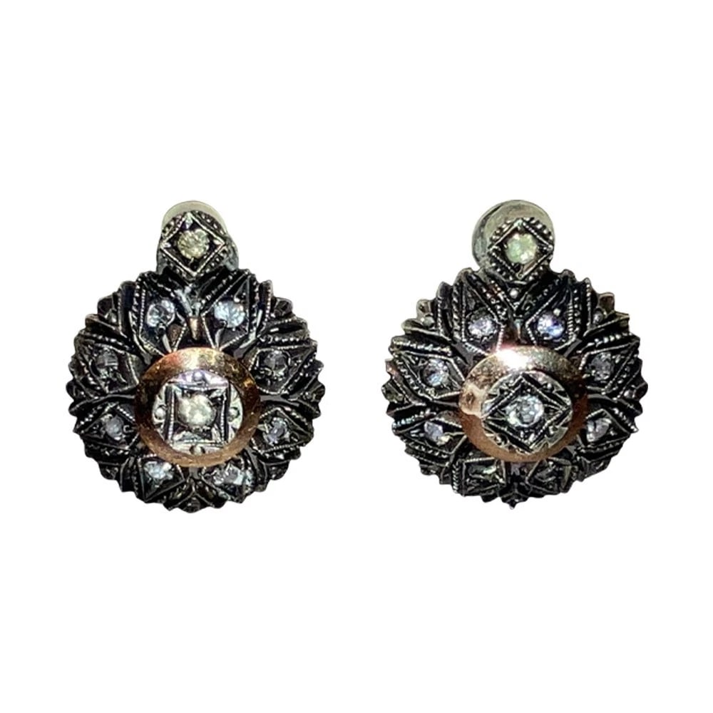 Georgian Sterling Silver 14 Kt Gold French Pasted Etched Circular Earrings - 2