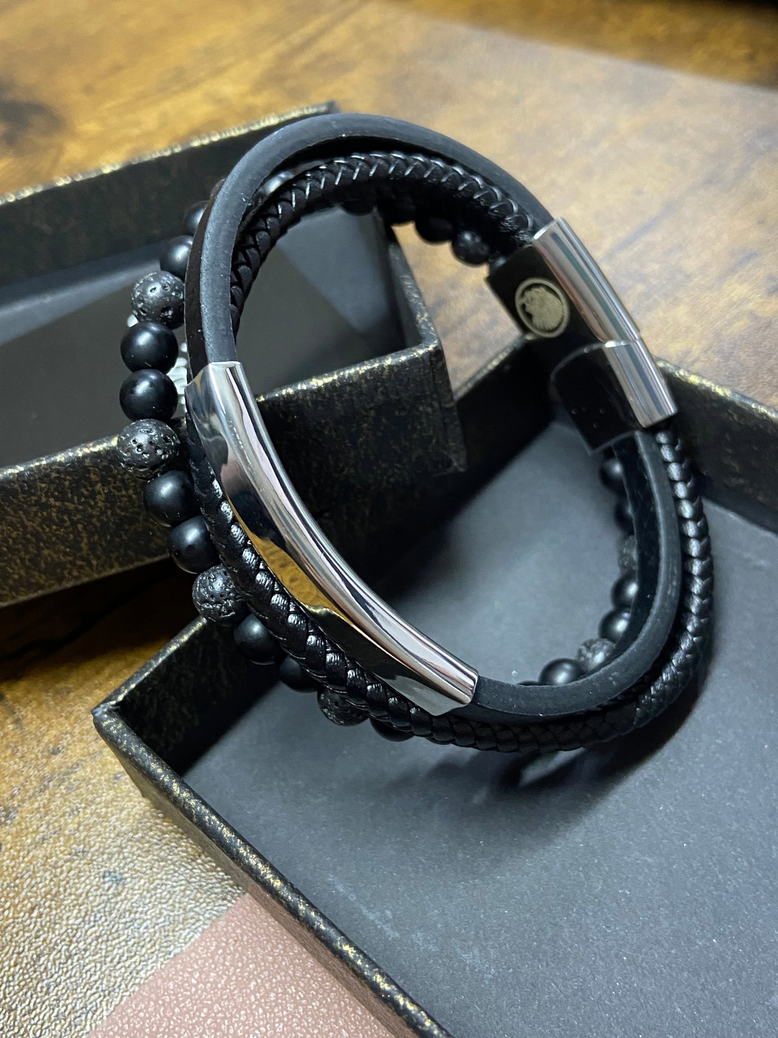 Handmade lava beads and leather braided bracelet - 2