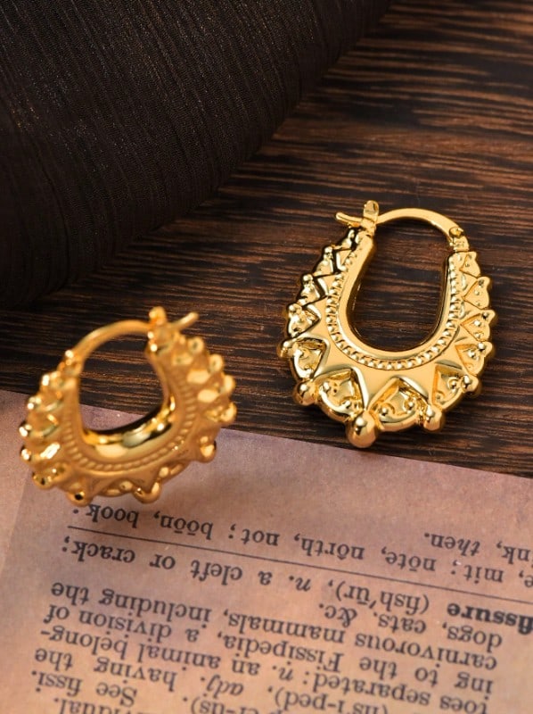 Retro Gold Plated Victorian Spiked Oval Creole Hoop Earrings - 4