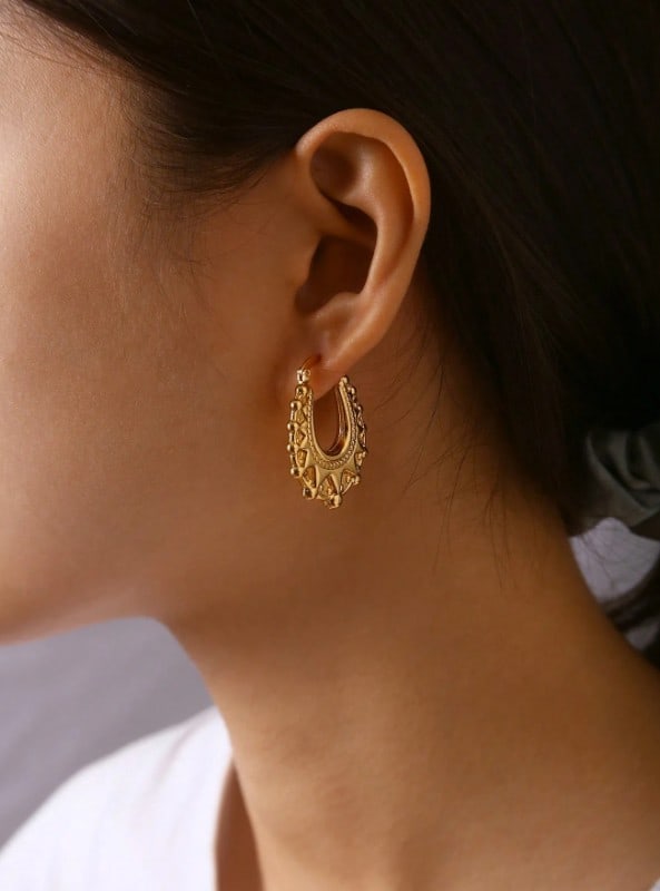 Retro Gold Plated Victorian Spiked Oval Creole Hoop Earrings - 6
