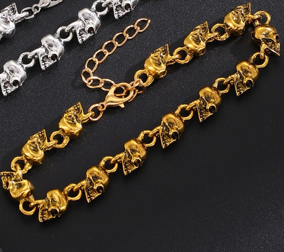 Gold-Plated Titanium Steel Skull Bracelet - 13 Skull Beads, Gothic Punk Jewelry - 4