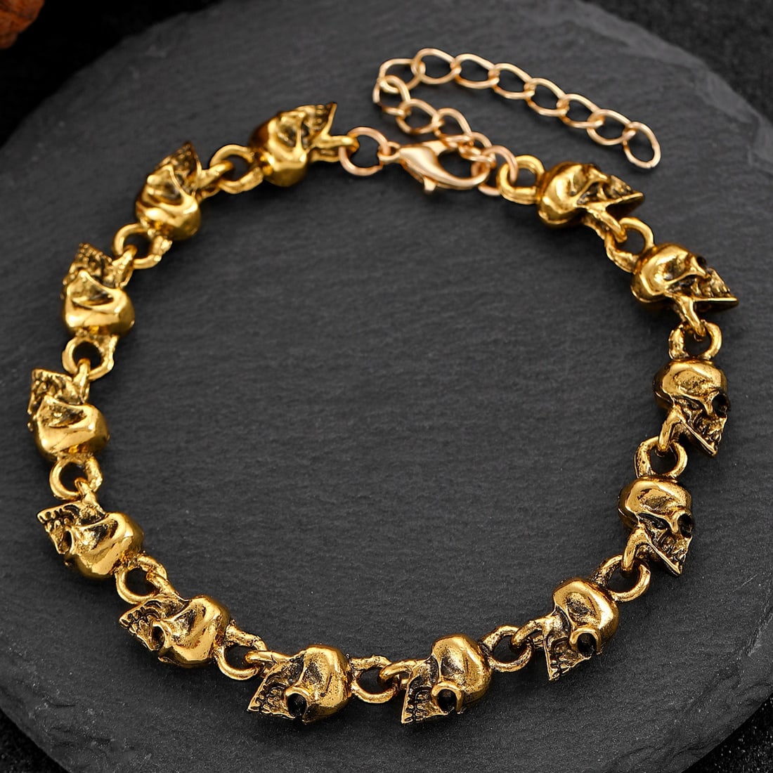 Gold-Plated Titanium Steel Skull Bracelet - 13 Skull Beads, Gothic Punk Jewelry - 5