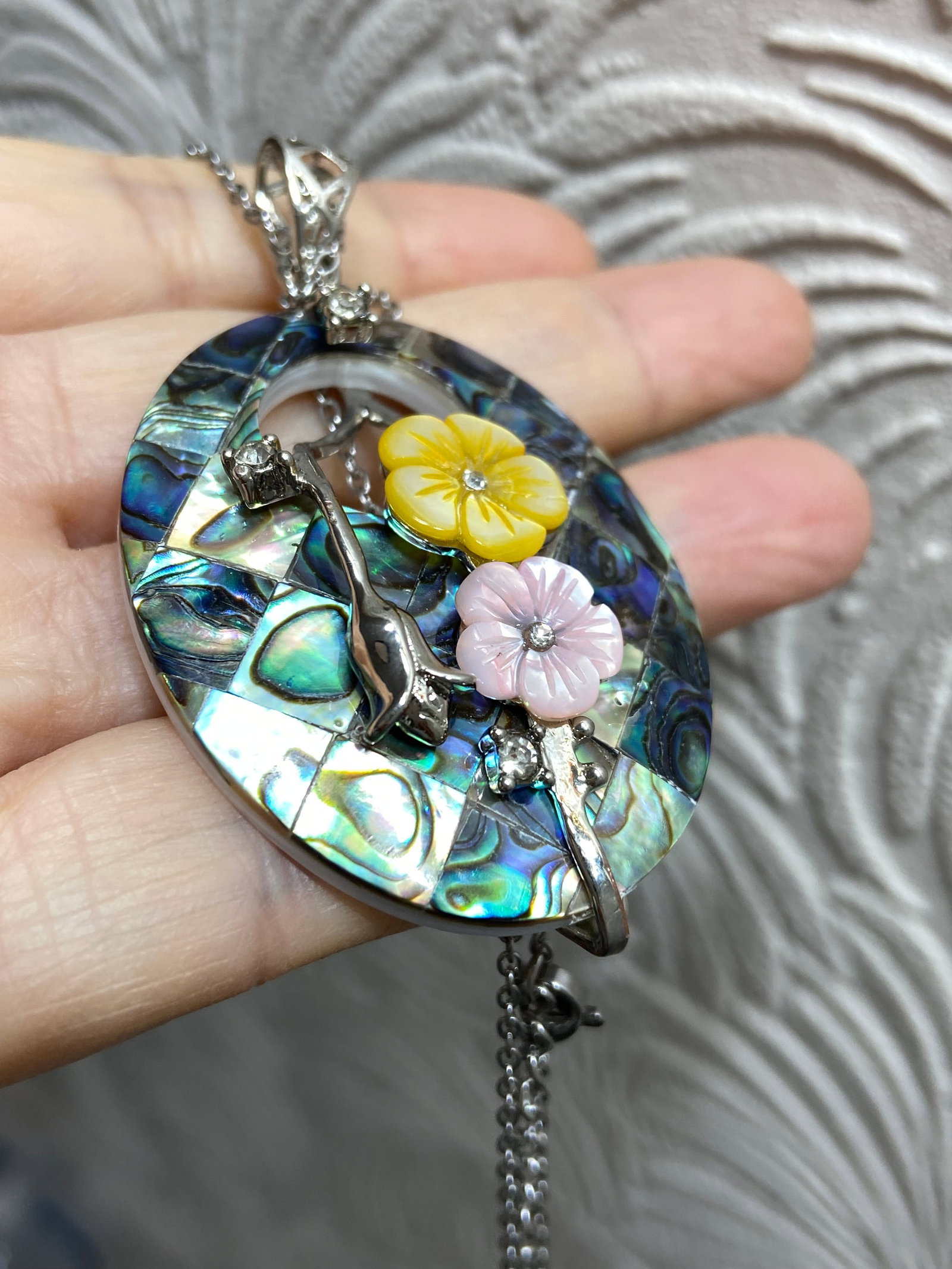 Vintage Art Nouveau Mother of Pearl flowers Abalone mosaic pendant necklace - 9