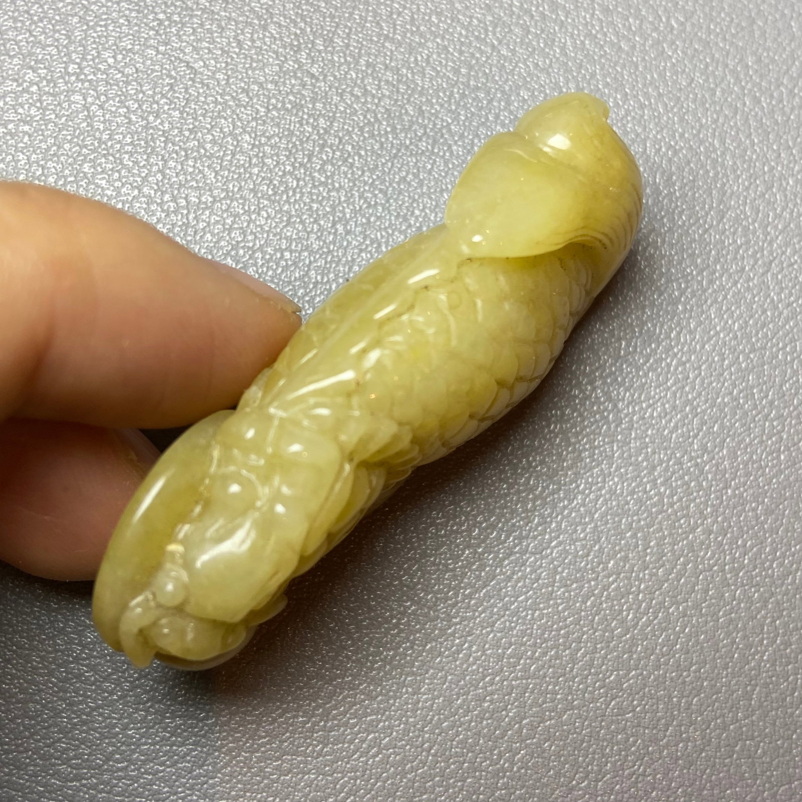 Antique Chinese Grade A Yellow Jadeite Jade statue caved Dragon Fish - 5