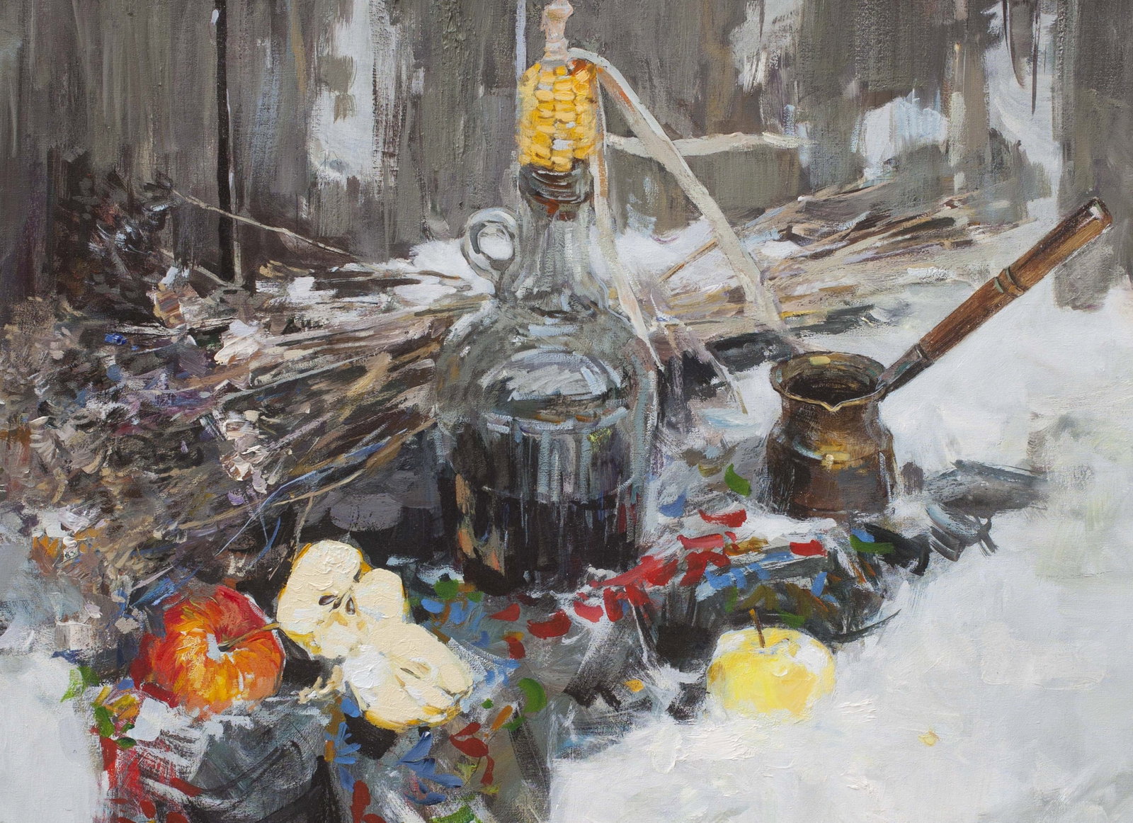 Oil painting Winter still life.Red wine Ukrainian Artist - 2