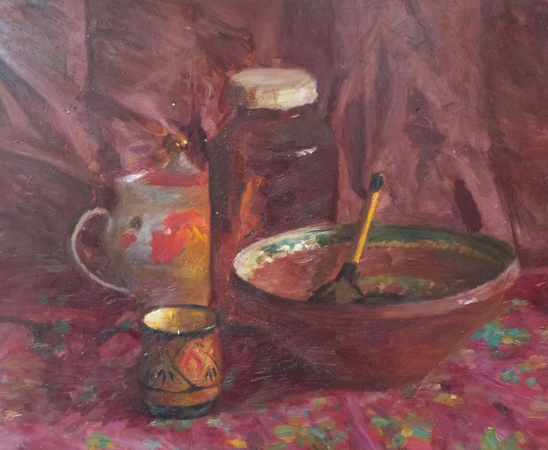Oil painting items Alex Ditriev: Title: Oil painting items Alex Ditriev Description: 429AD Painter: Alex Ditriev Size: 34x42 cm/ 13.38x16.53 inches Components: oil, cardboard Original painting from our collection ERA: Short