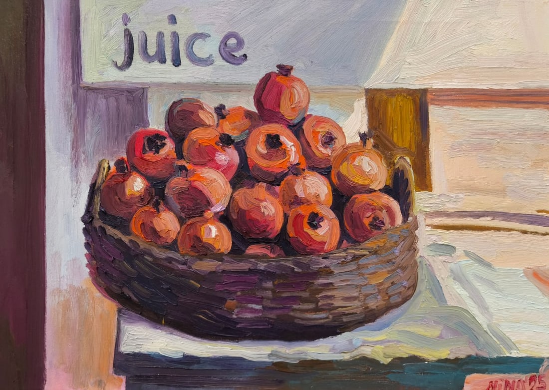 Oil painting Pomegranate juice Nina L: Title: Oil painting Pomegranate juice Nina L Description: 151Lt Painter: Nina L. Size: 50x70 cm/ 19.68x27.55 inches Components: oil, canvas Original painting CONDiTiON: exellent ERA: 2025 ARTiST: She 