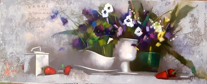 Oil painting still life with strawberries Oksana Kyrylenko: Title: Oil painting still life with strawberries Oksana Kyrylenko Description: 36KOR Painter: Oksana Kyrylenko Size: 35x85 cm/13.8x33.5 inches Components: oil, canvas Original painting ERA: 2021 Oksan