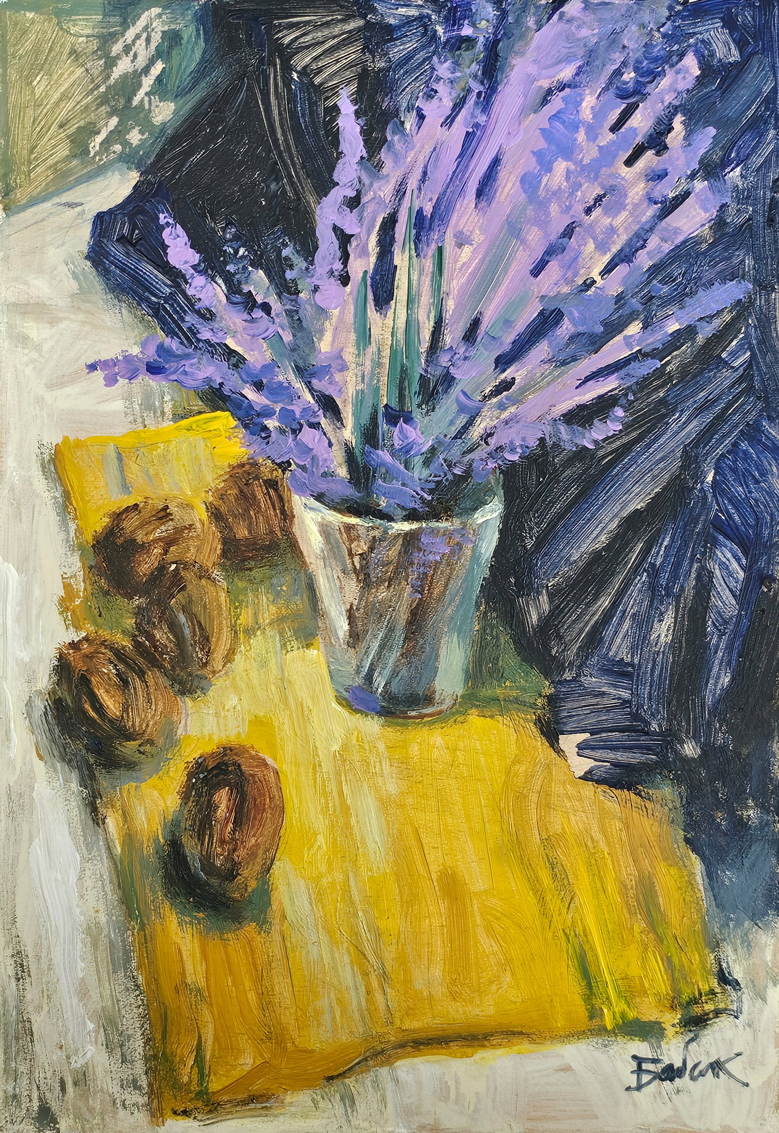 Acrylic painting still life with lavender Vyacheslav Petrovich Babac: Title: Acrylic painting still life with lavender Vyacheslav Petrovich Babac Description: 403BA Painter: Vyacheslav Petrovick Babac Size: 37x26 cm/ 14.56x10.23 inches Components: Acrylic, cardboard