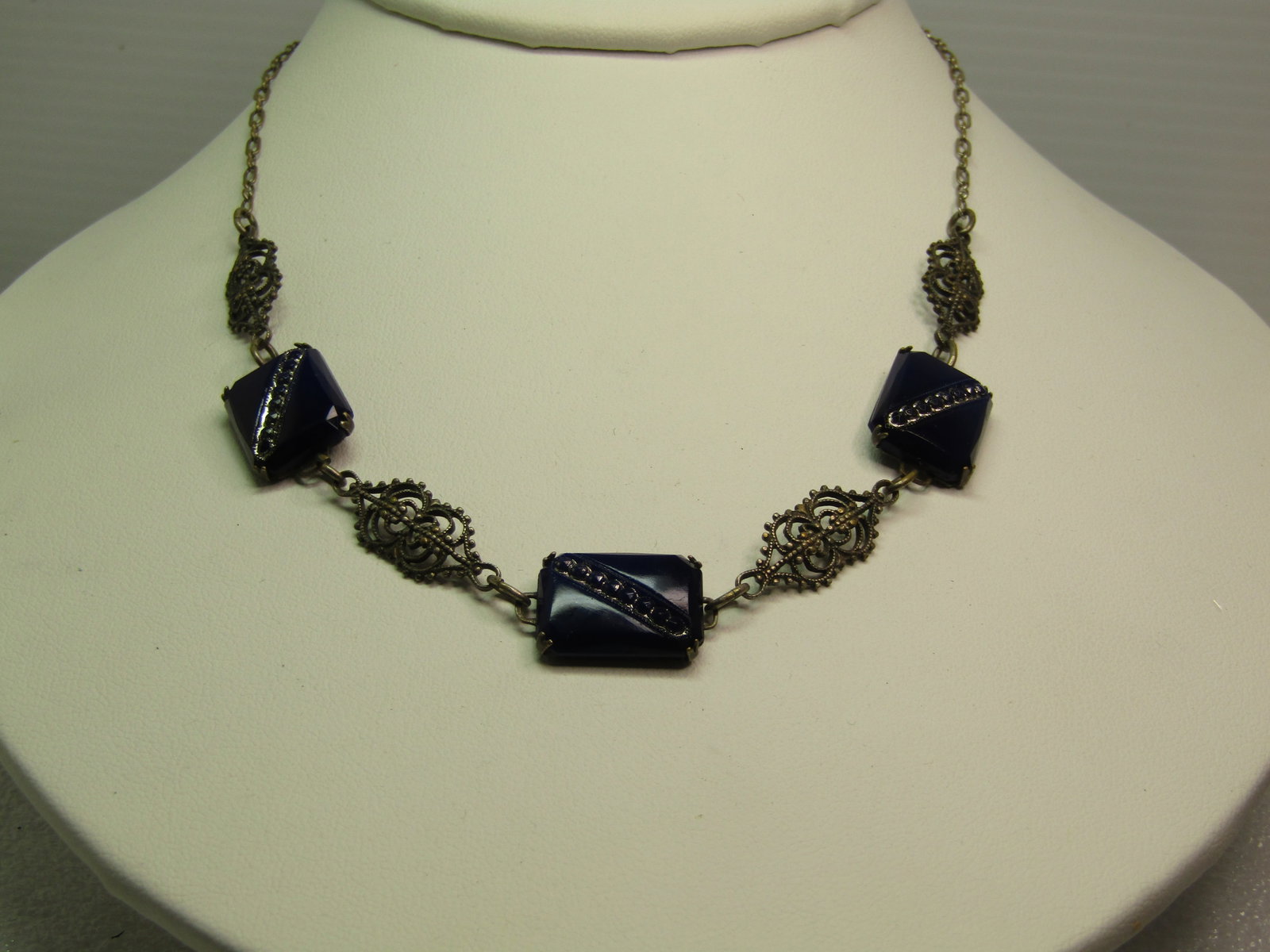 Vintage Blue Glass Necklace, Filigree Links, 16", 1920's, Sterling Clasp - 2