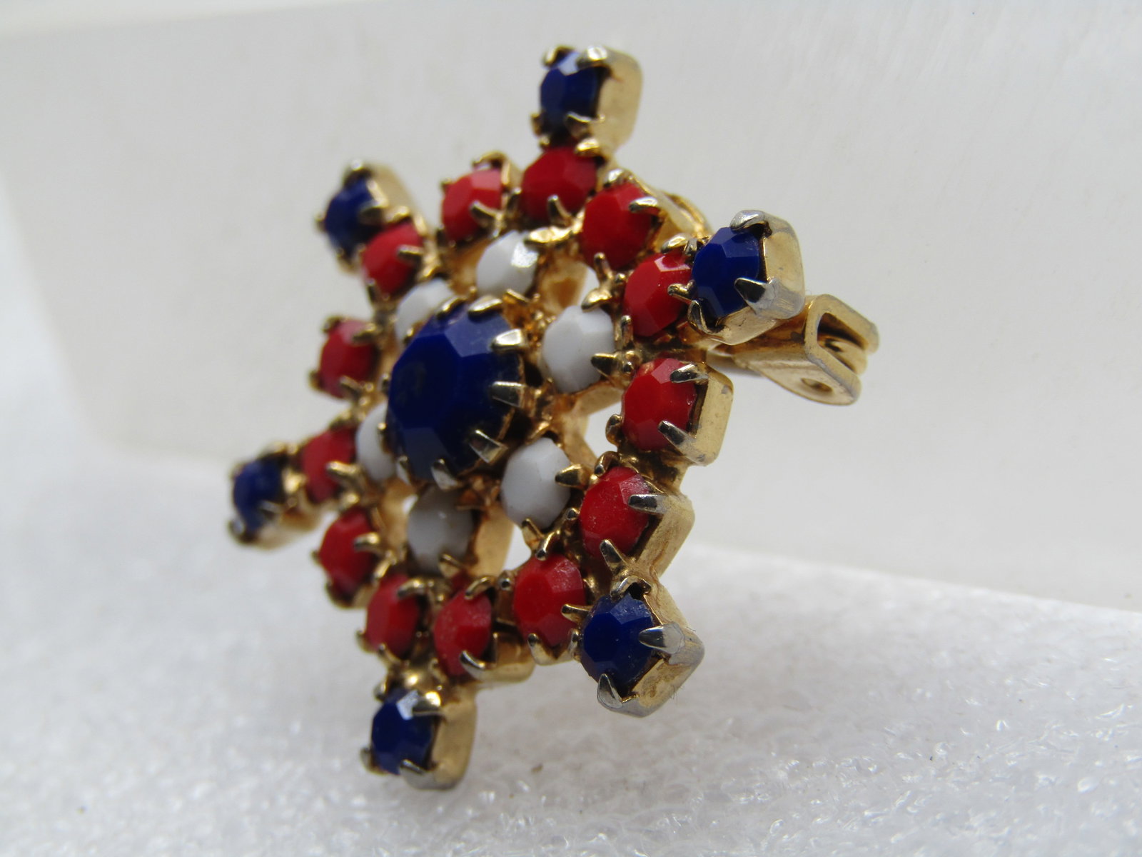 Vintage Red, White, Blue Glass Wheel Brooch, 1960's-1970's - 3