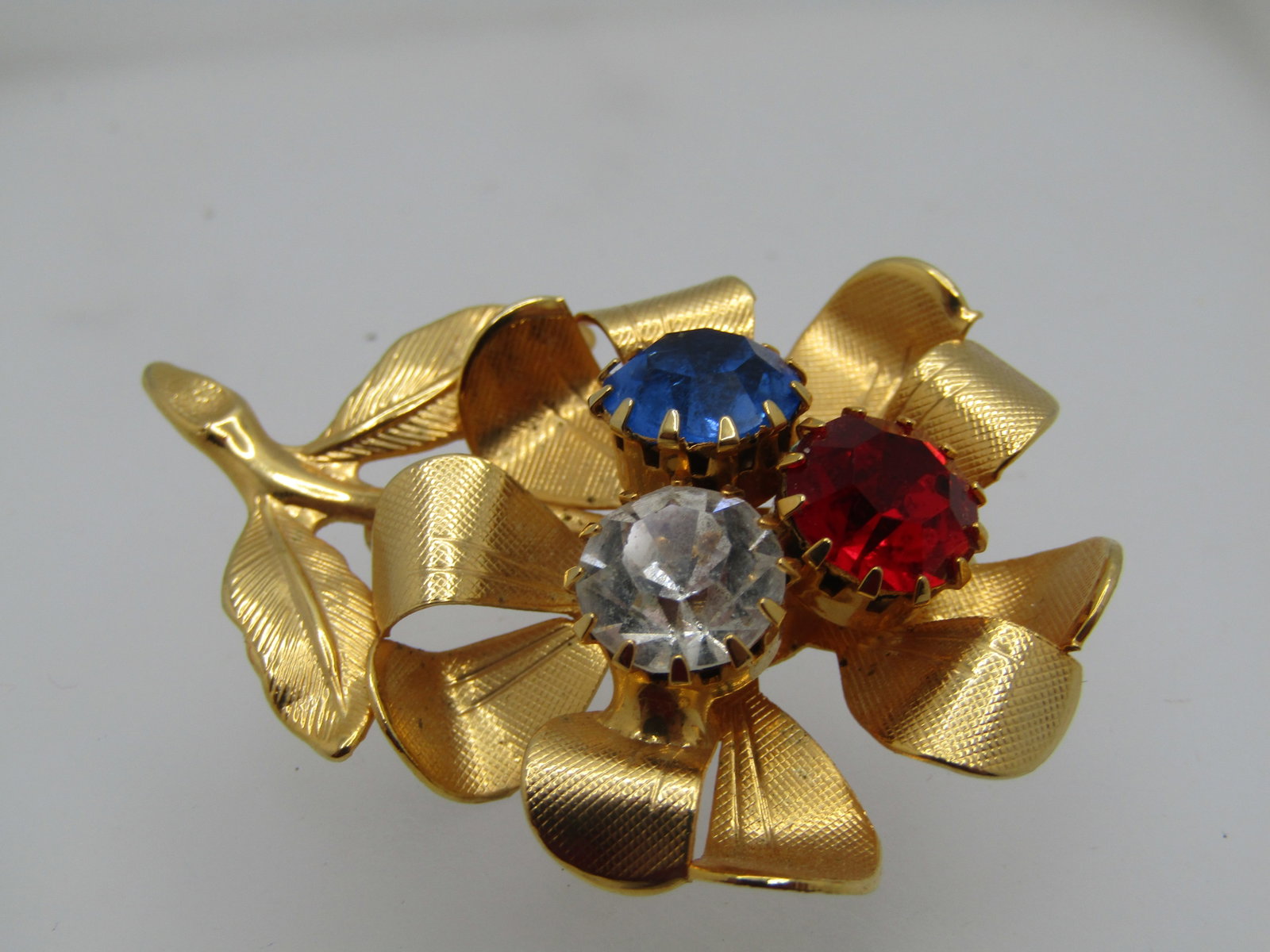 Vintage Red, White, Blue Floral Brooch, Rhinestone, 1.75" - 2