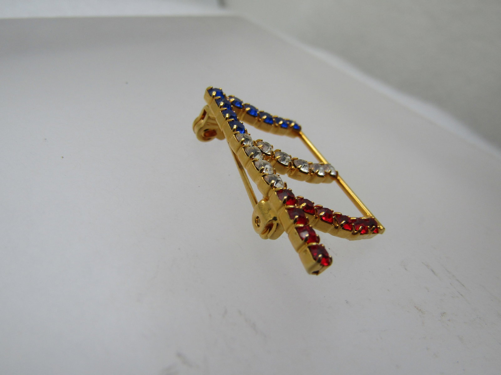 Vintage Red/White/Clear Rhinestone Flag Brooch, 1980's-1990's - 2