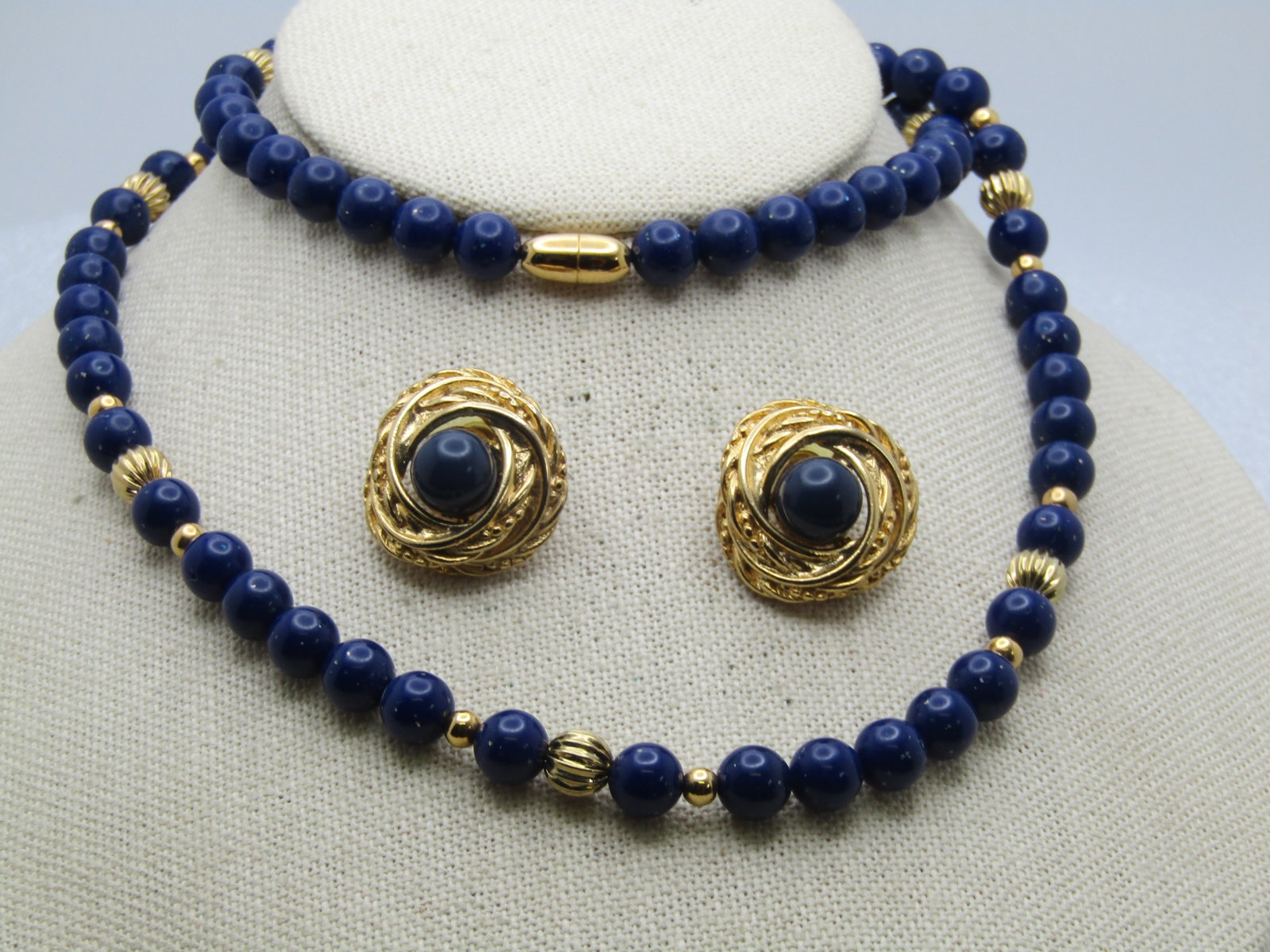 Vintage Navy Blue & Gold Necklace & Earrings, Pierced, 28" (1 of 6)