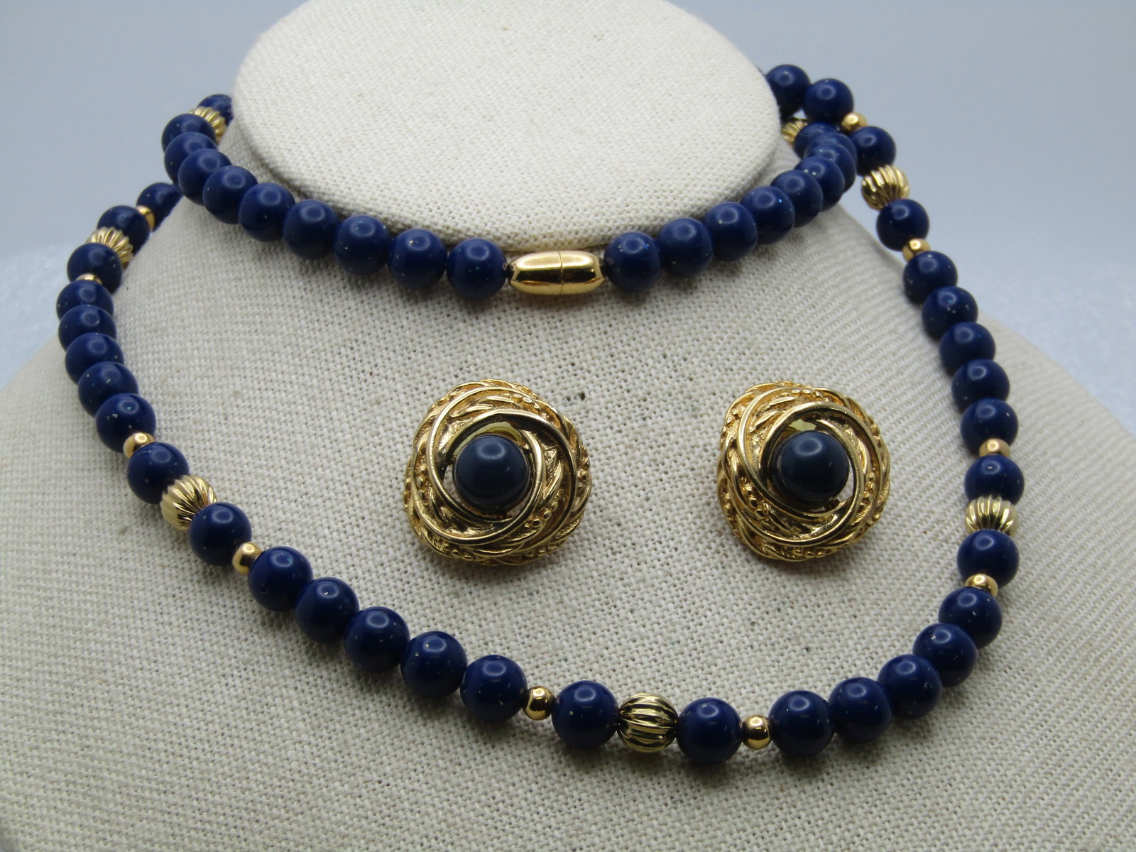 Vintage Navy Blue & Gold Necklace & Earrings, Pierced, 28" - 2