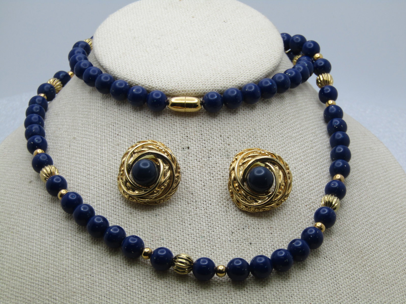 Vintage Navy Blue & Gold Necklace & Earrings, Pierced, 28" - 3